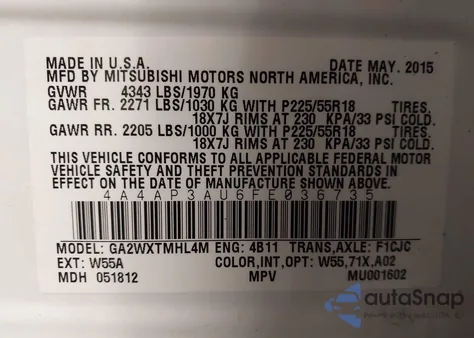 2015 Mitsubishi Outlander Sport Es из США, поврежденный, VIN 4A4AP3AU6FE036735